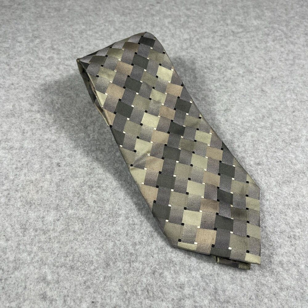 Dockers Stain Resistant Necktie Olive Green Silver Taupe Grid Micro Check